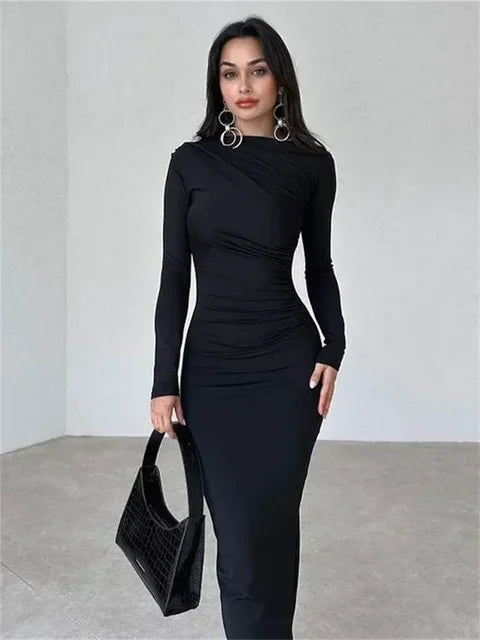Pleated Autumn Dress Patchwork Long Sleeve Maxi Dress