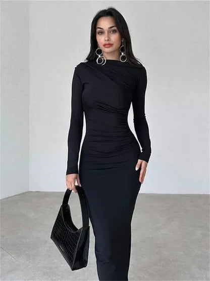 Pleated Autumn Dress Patchwork Long Sleeve Maxi Dress