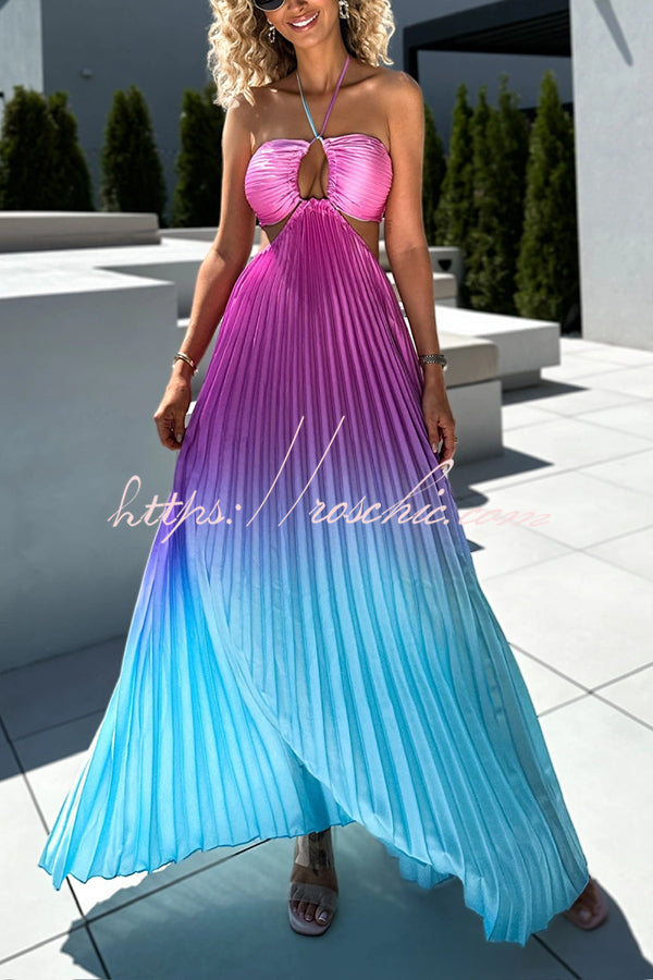Get Ready Gradient Print Cutout Halterneck Pleated Maxi Dress