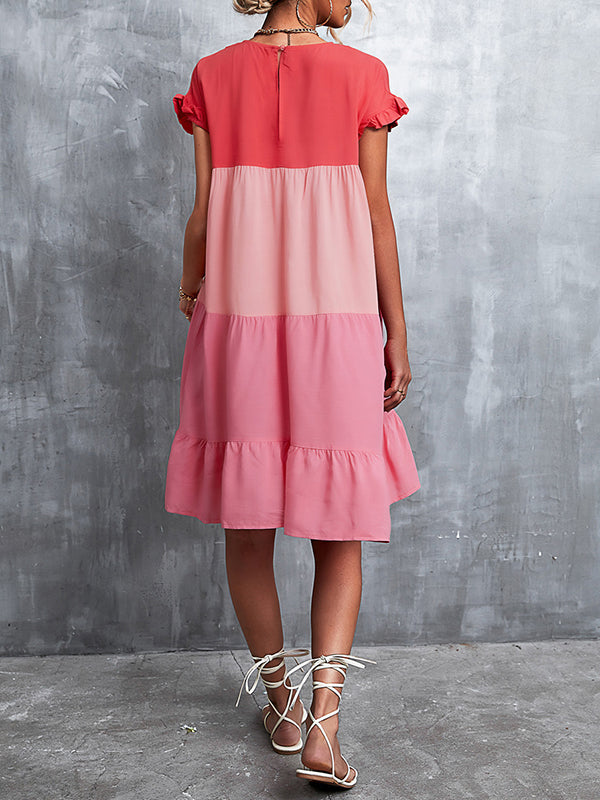 Loose Ruffle Sleeves Contrast Color Falbala Pleated Split-joint Round-neck Mini Dresses