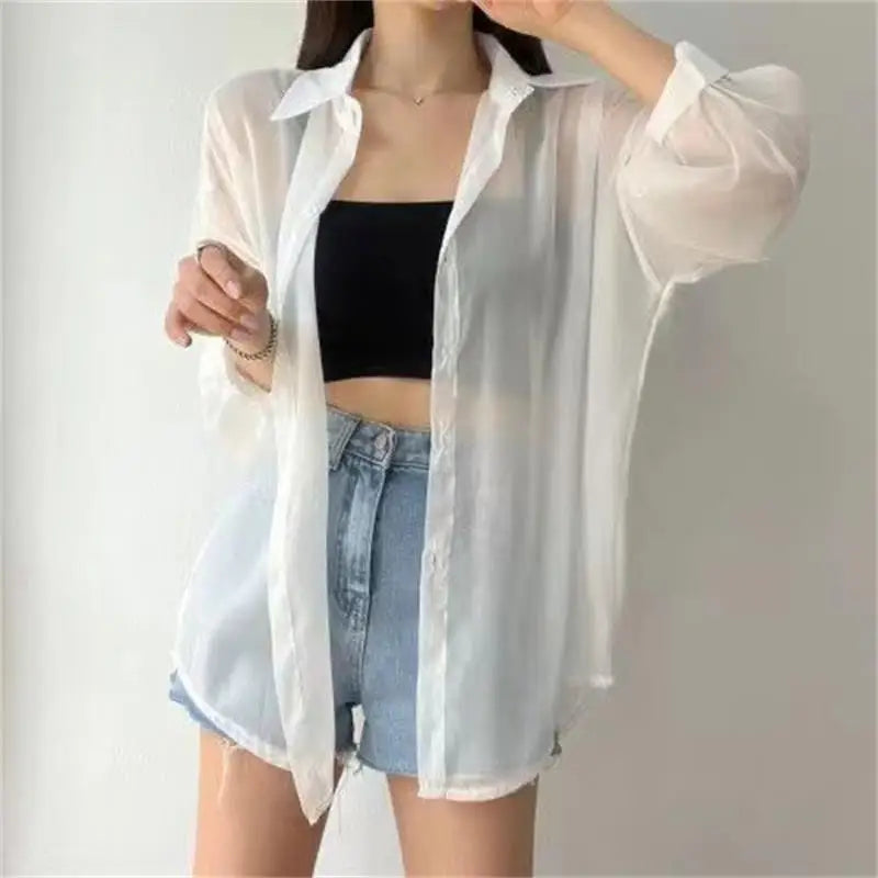 Perspective Shirts Sheer Thin Summer Simple Sun-proof Top Blouse Baggy All-match Basic Korean Clothing