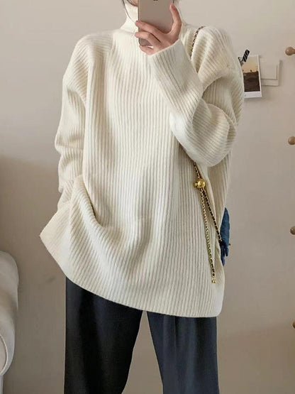 Simple Blue High Neck Split-side Long Sleeve Sweater Qx013