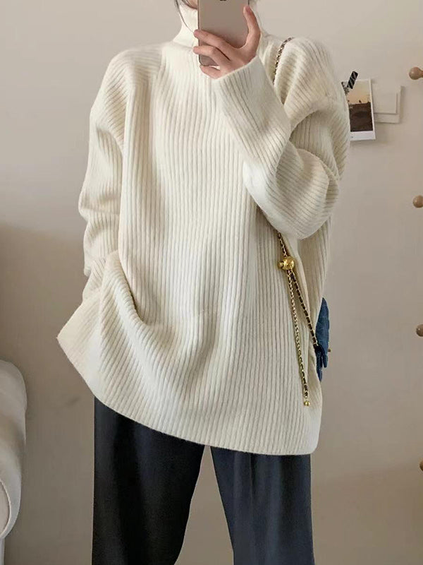 Simple Blue High Neck Split-side Long Sleeve Sweater Qx013