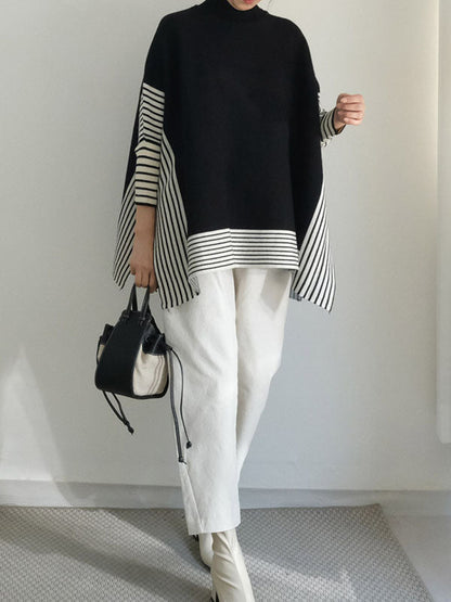 Design Loose High Neck Split-side Striped Batwing Sleeve Sweater Qx010