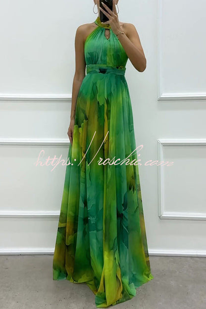 Elaine Tulle Splash Print Cutout Halter Tie-up Neck Gown Maxi Dress