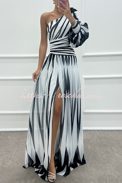 Purely Charming Printed Rose Pendant One Shoulder Pleated Slit Maxi Dress