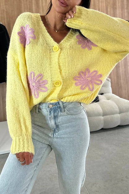 Embroidered V-neck Long-sleeved Button-knit Cardigan