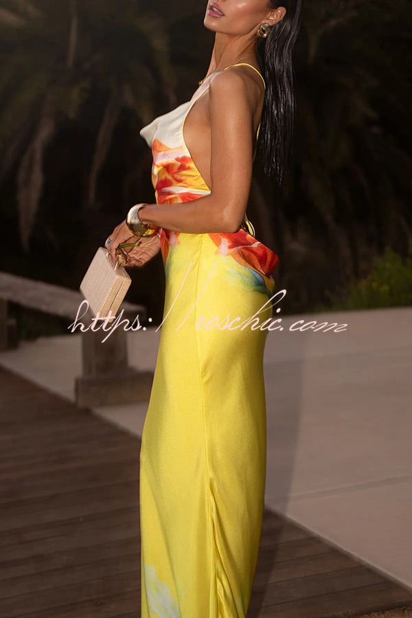 Luisa Satin Print Cowl Neck Open Back Tie-up Maxi Dress