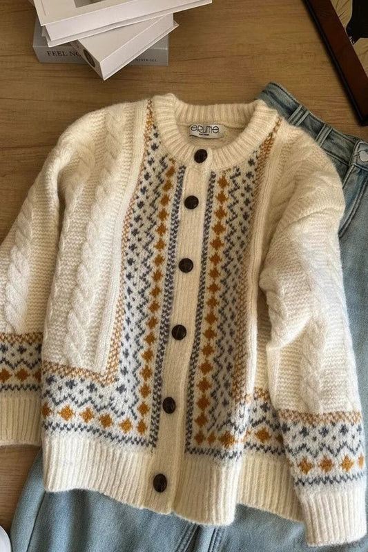 Fair Isle Fair Isle Cable Loose Thick Cardigan Sweater