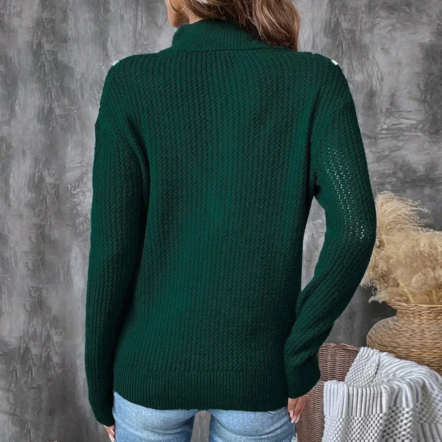 Color Blocked Retro Dark Green Zipper Half Open Christmas Sweater
