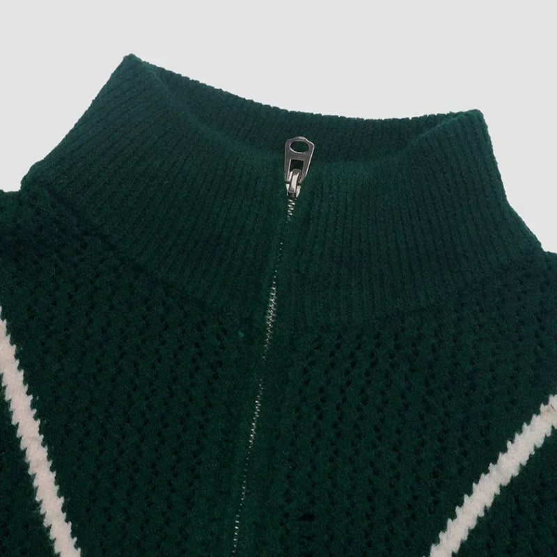 Color Blocked Retro Dark Green Zipper Half Open Christmas Sweater