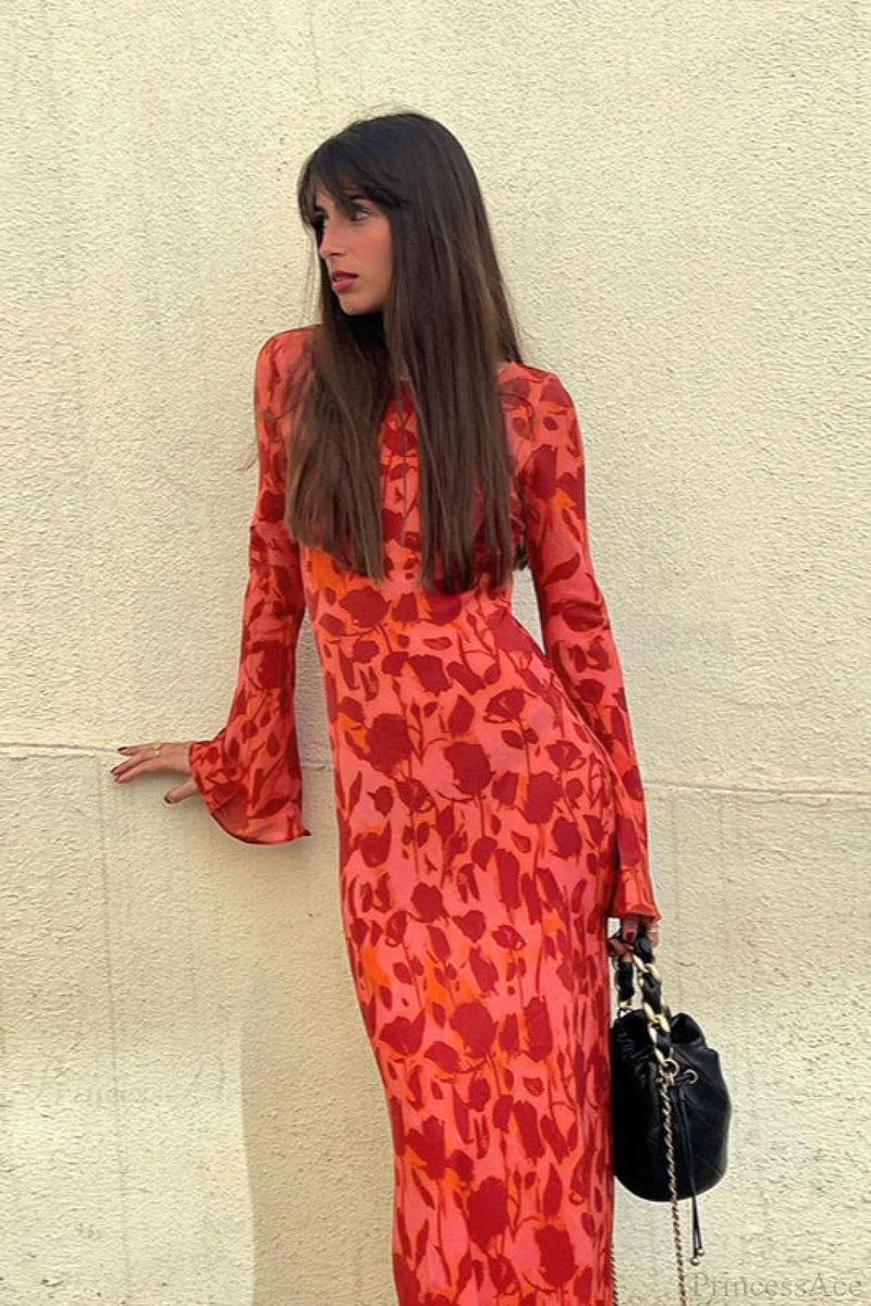 Print Fitted Crew Neck Maxi Dress