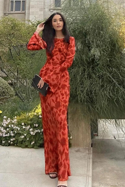 Print Fitted Crew Neck Maxi Dress
