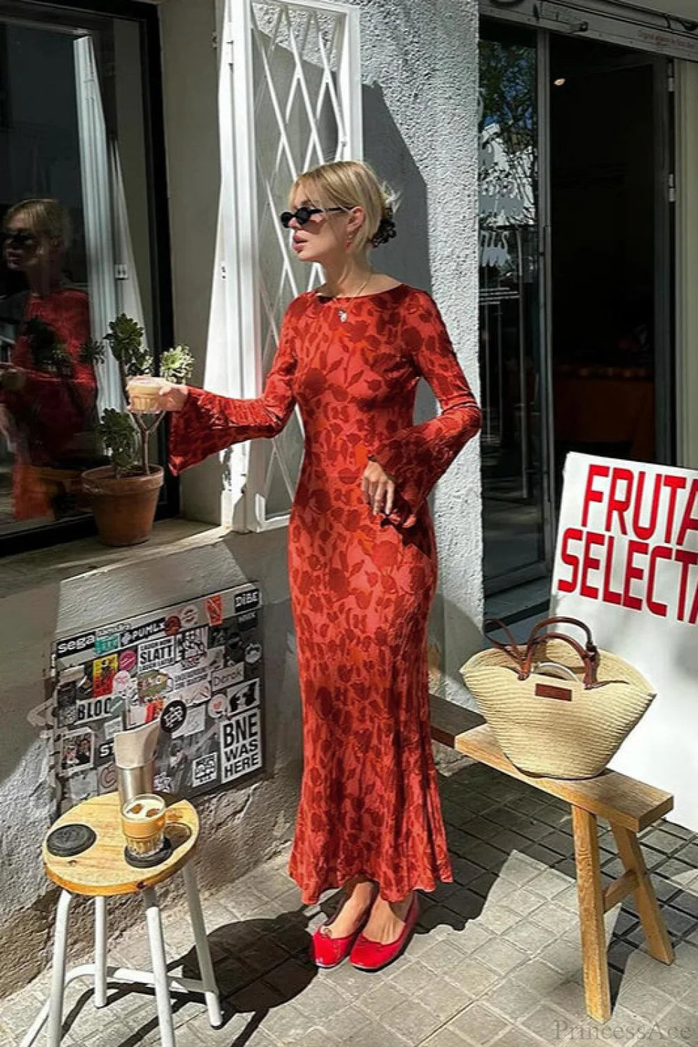 Print Fitted Crew Neck Maxi Dress