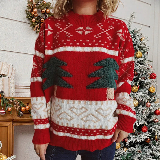 Tree Embroidery Loose Retro Green Christmas Christmas Sweater