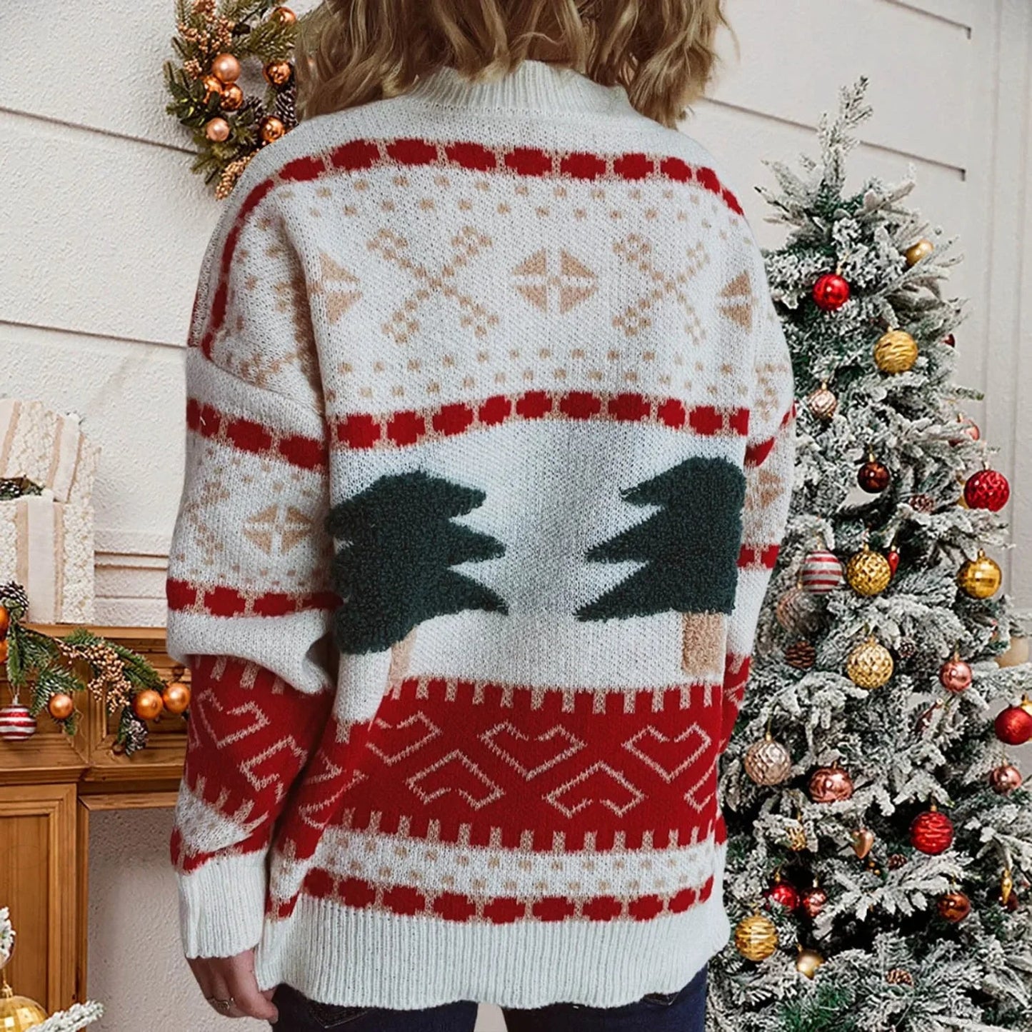 Tree Embroidery Loose Retro Green Christmas Christmas Sweater