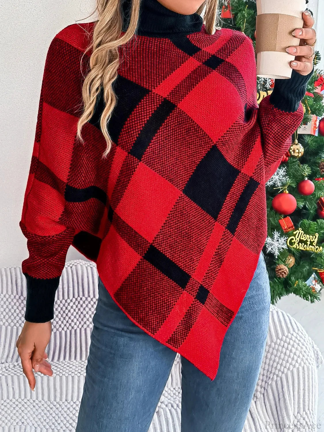Fashionable Color Contrasting High Collar Long Sleeve Christmas Sweater