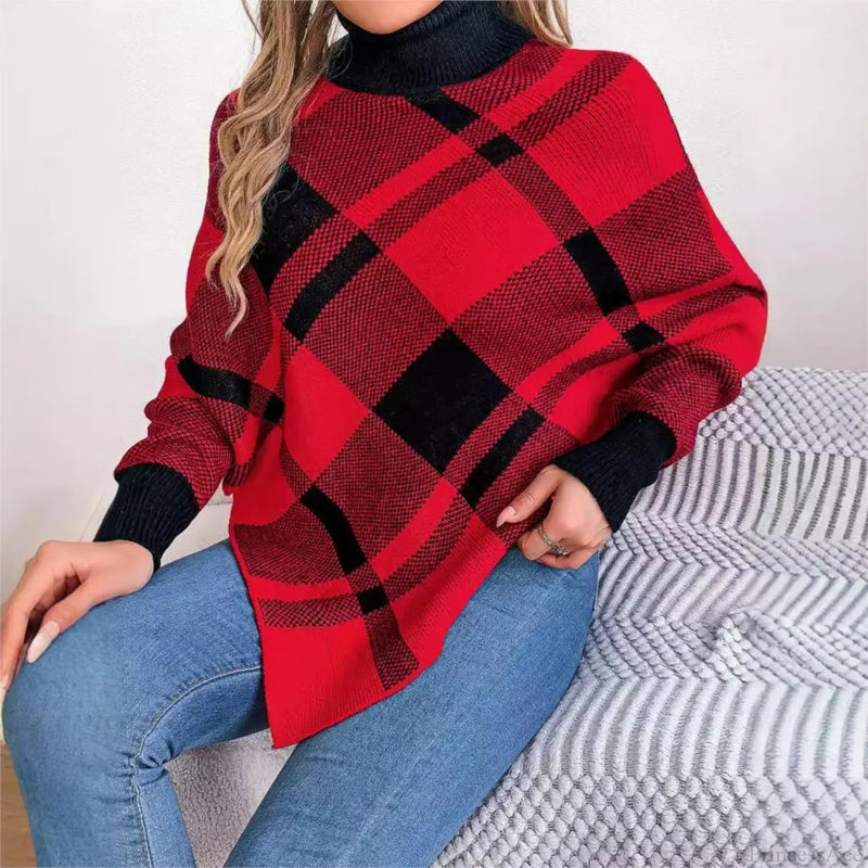 Fashionable Color Contrasting High Collar Long Sleeve Christmas Sweater
