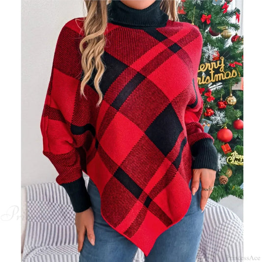 Fashionable Color Contrasting High Collar Long Sleeve Christmas Sweater