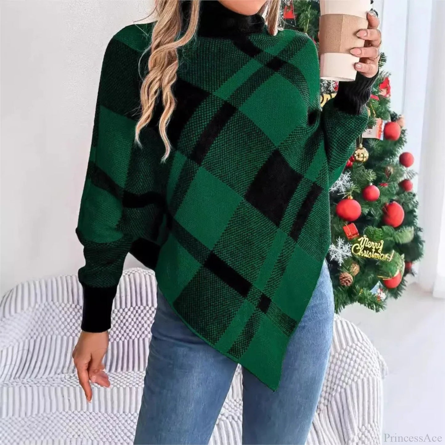 Fashionable Color Contrasting High Collar Long Sleeve Christmas Sweater