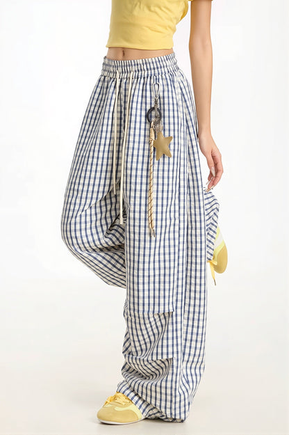 Blue Plaid Curved Pants