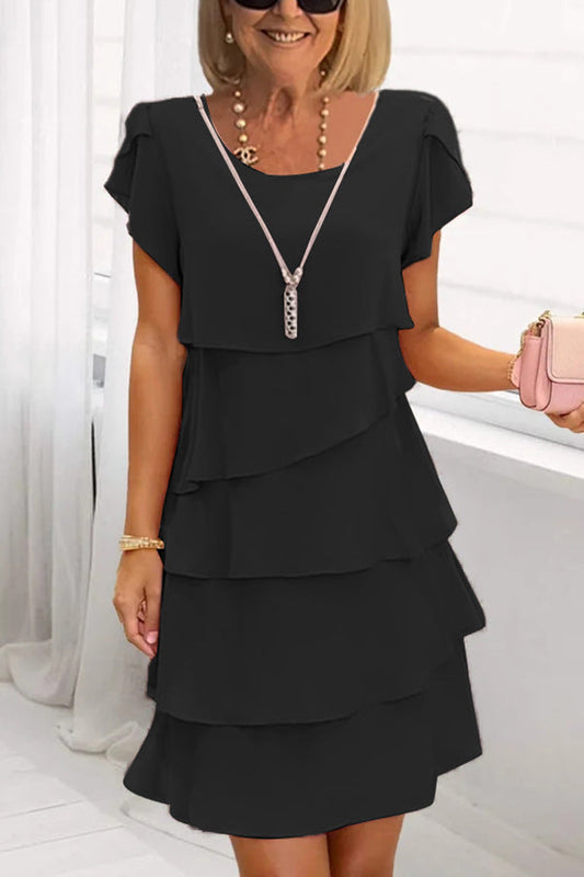 Color Round Neck Short Sleeve Multi-layered Mini Dress