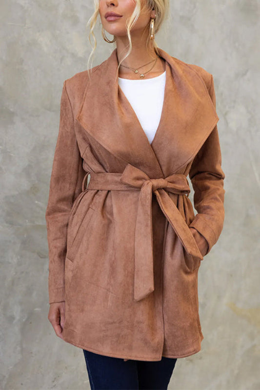 Collared Open Front Faux Suede Coat With Belt