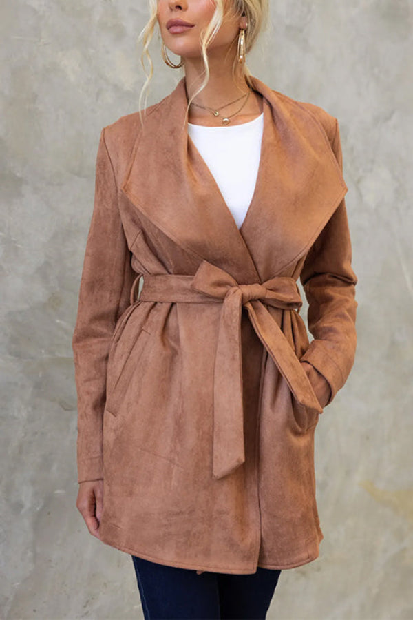 Collared Open Front Faux Suede Coat With Belt