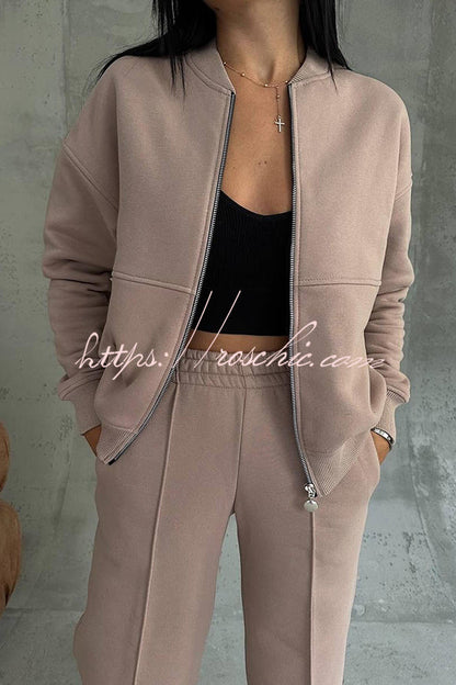 Color Long Sleeve Zipper Jacket and Elastic Waist Pocket Wide Leg Pants Set
