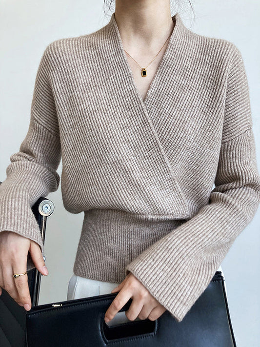 French Grey Cross V-neck Long Sleeve Sweater Qx012