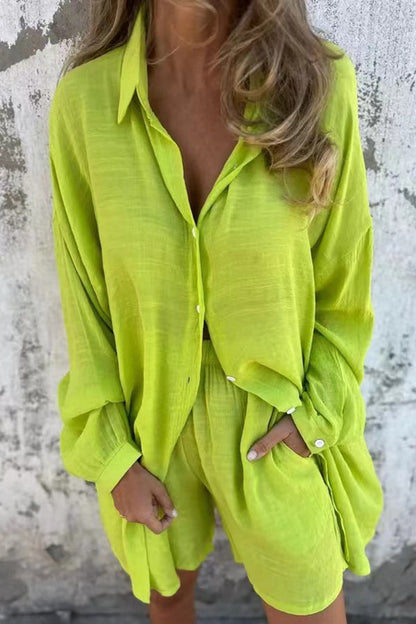 Color Lapel Long Shirt and Elastic Waist Loose Pocket Shorts Set