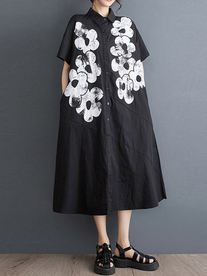A-line Loose Asymmetric Buttoned Flower Print Lapel Midi Dresses Shirt Dress