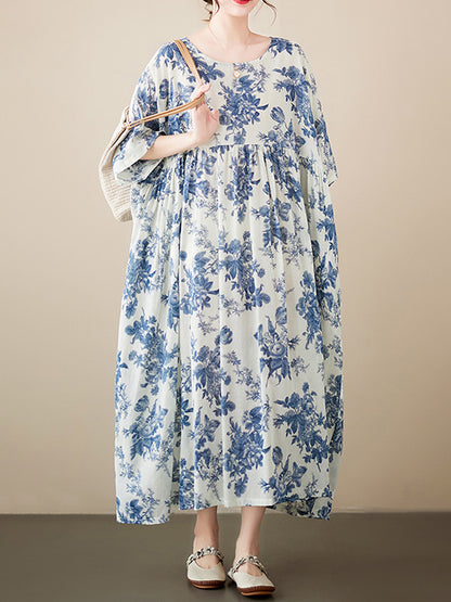 Loose Short Sleeves Printed Pleated Split-joint Round-neck Midi Dresses