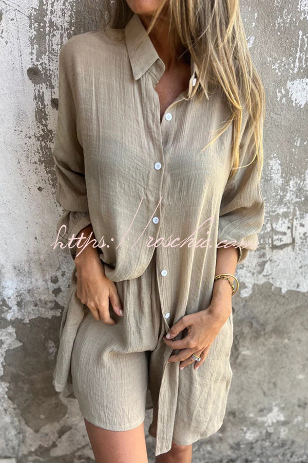 Color Lapel Long Shirt and Elastic Waist Loose Pocket Shorts Set
