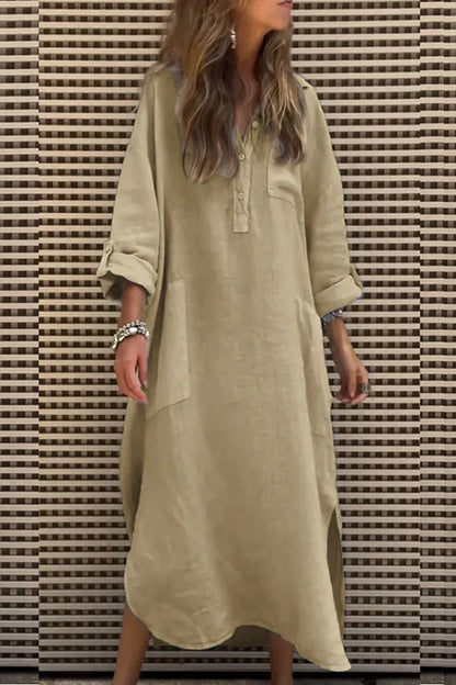 Color Button Pockets Irregular Hem Maxi Dress