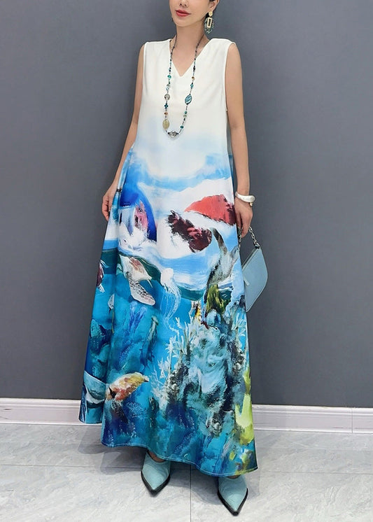 Blue V Neck Print Long Dress Sleeveless Ao1053