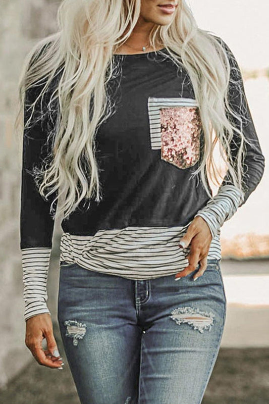 Striped Sequin Pocket Long Sleeve T-shirt