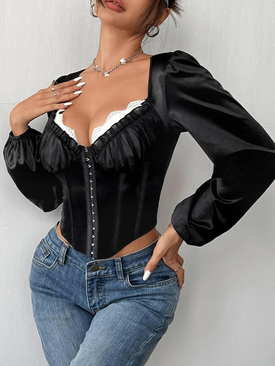 Lace and Mesh Corset Long Sleeve Blouse