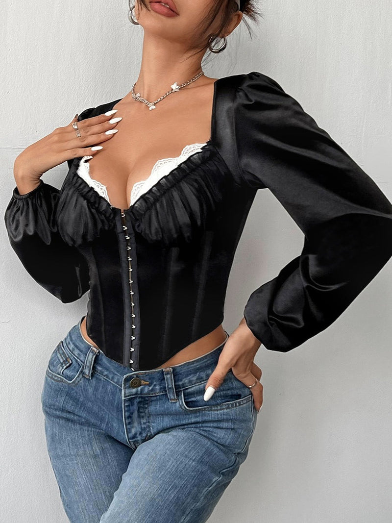 Lace and Mesh Corset Long Sleeve Blouse
