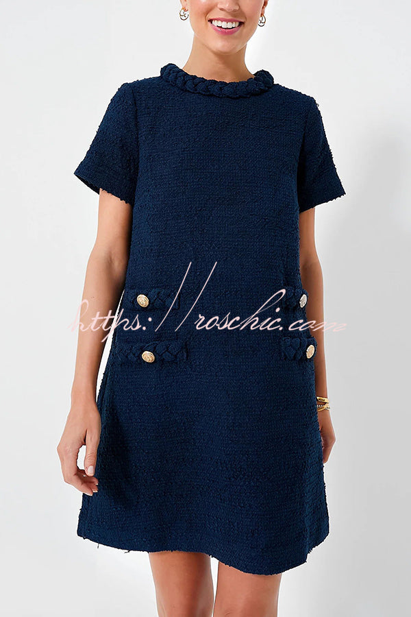 Confident and Tweed Fabric Braided Trim Button Shift Mini Dress