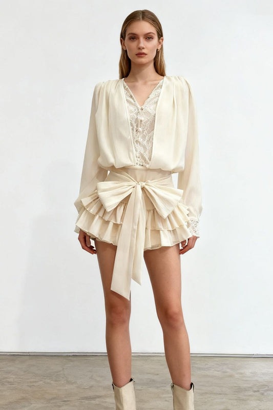 Lace Ruffled Long Sleeve Mini Dress