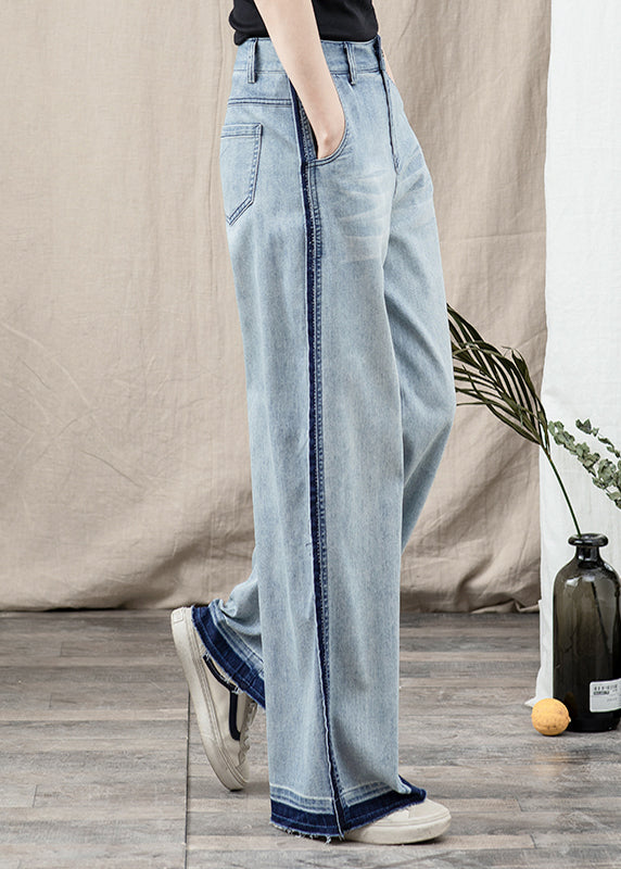 Blue Pockets Patchwork Denim Wide Leg Pants Spring Tt1027