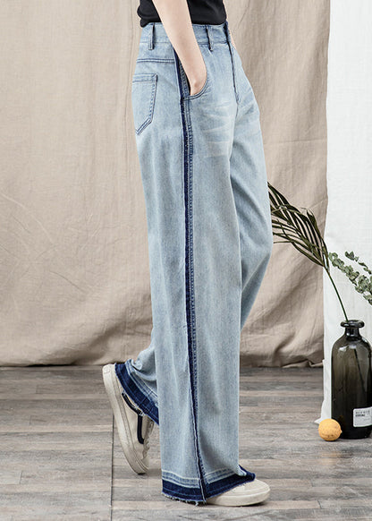 Blue Pockets Patchwork Denim Wide Leg Pants Spring Tt1027