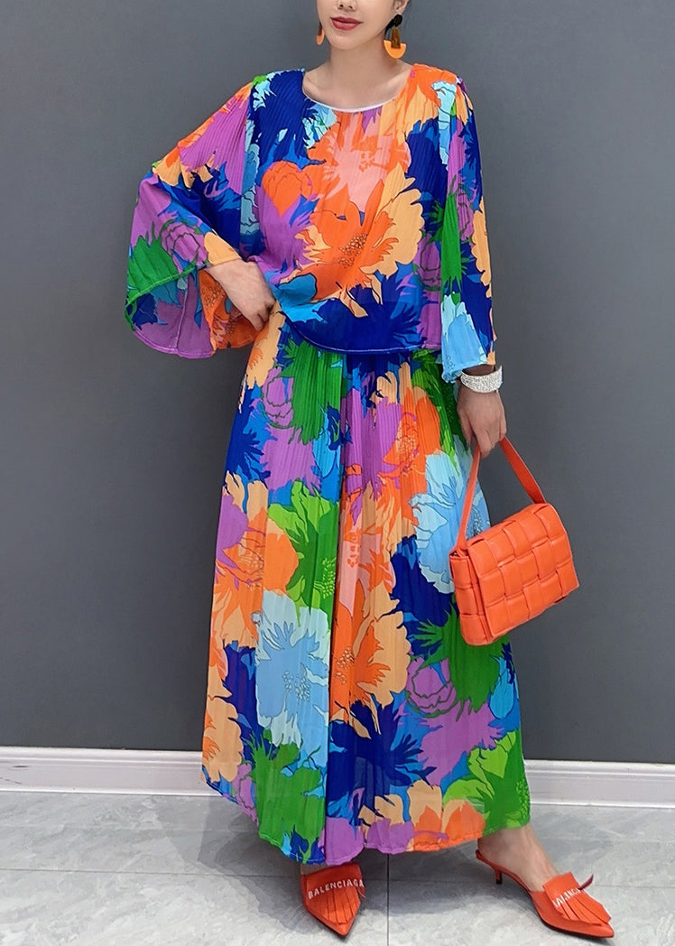 Organic Rainbow O-neck Print Top and Wide Leg Pants Two Piece Suit Set Fall Ao1052