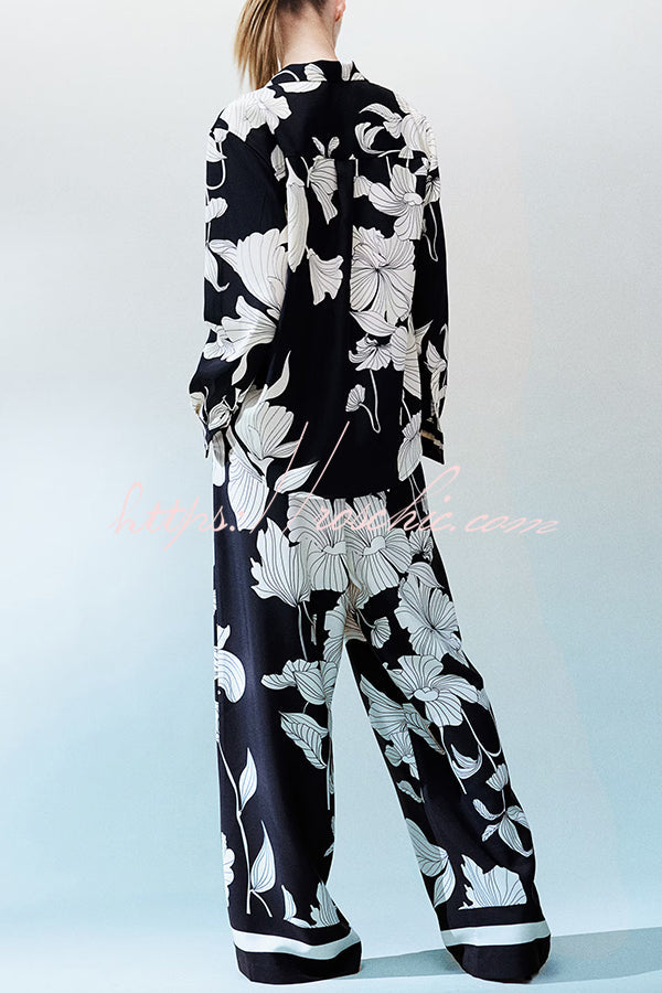 Unique Print Lapel Long Sleeve Loose Shirt and Elastic Waist Pocket Wide Leg Pants Set