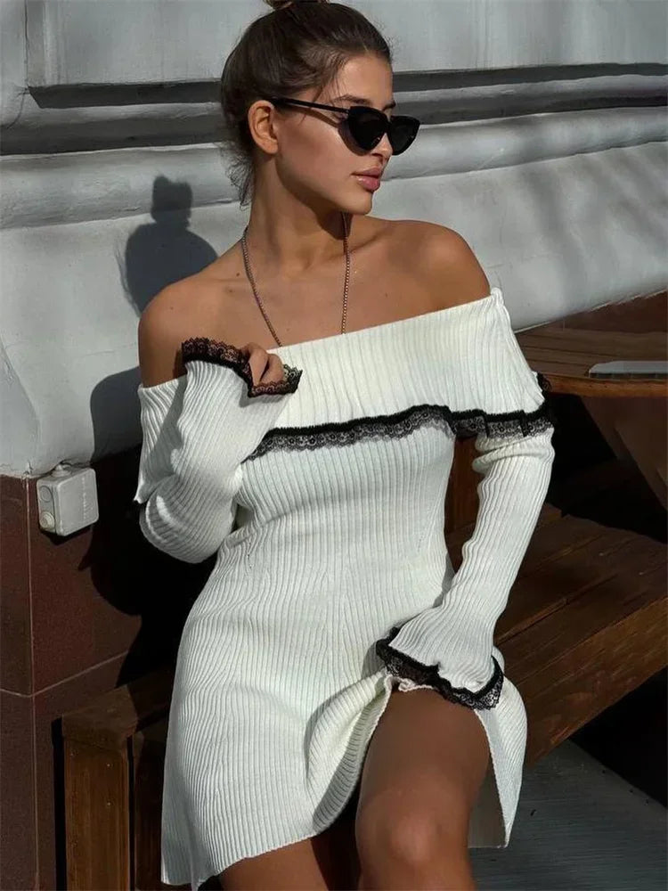 Knit Off-shoulder Sweater Mini Dress ’s Lace Patchwork Ribbed Slim Backless Party Dress Knitwear Mini Dress