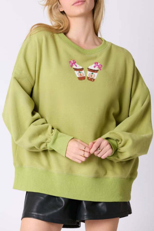Halloween Coffee Sequin Top Loose Sweatshirt