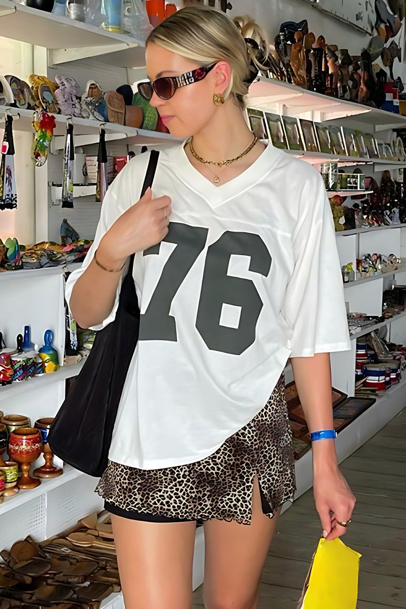 Loose Number Print Off Shoulder Crew T-shirt
