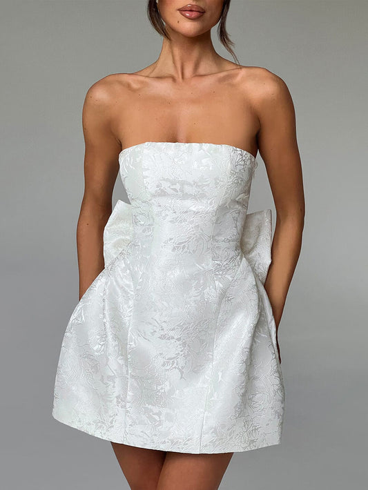 Fashionable and Jacquard Tube Top Bow Mini Dress