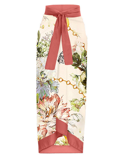 One Shoulder Print One Piece Swimsuit and Skirt